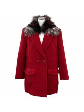 Fendi Wool 100% Collar Fox Pocket Logo Embroidery Double Breasted Coat Red IT 42